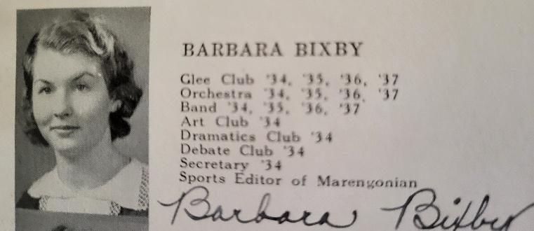 Barbara Bixby yearbook photo with activities list