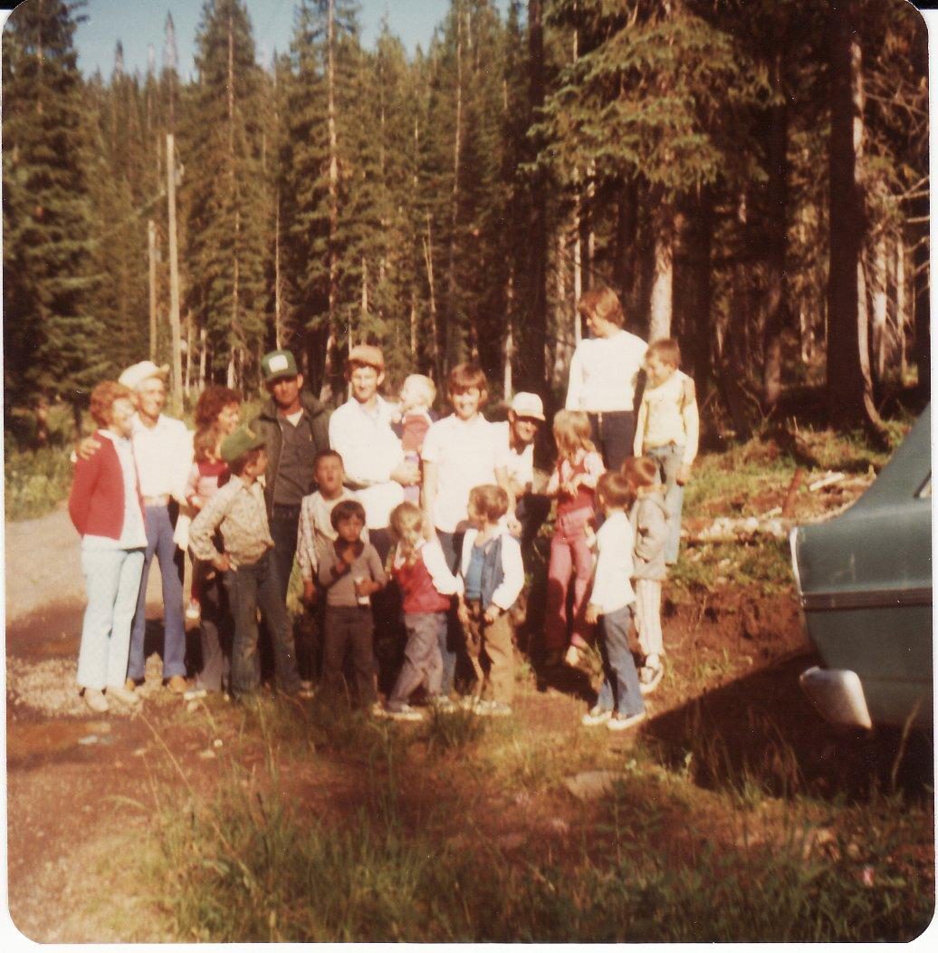 The whole extended Wilcox family on a Grand Mesa camp out, about 1975