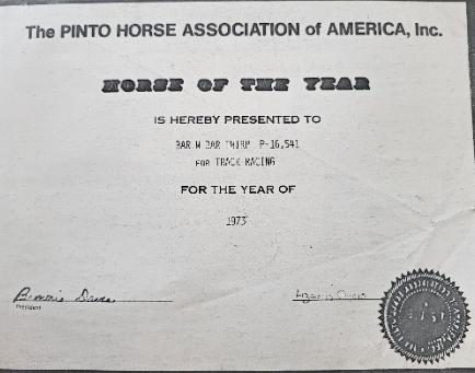 Pinto Horse Association of America Horse of the Year certificate, 1973