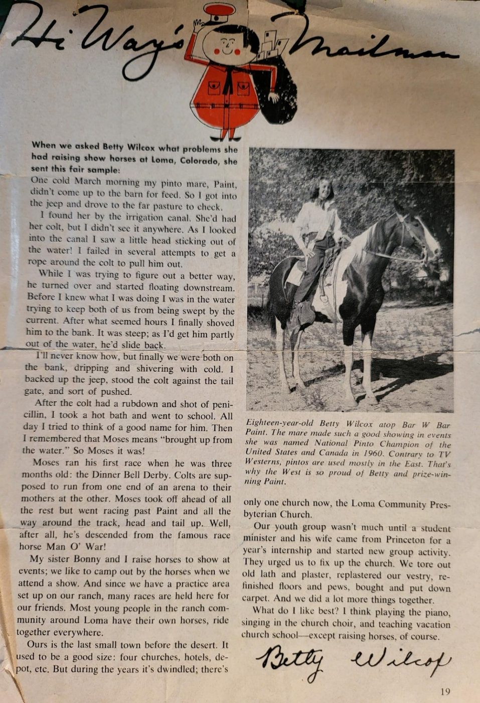 Newspaper clippings about Betty Wilcox and her horses
