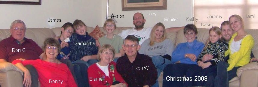 The Christmas 2008 family group, every name typed onto the photograph