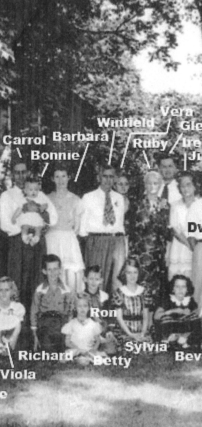 Detail of the same photograph: the labels Carrol, Bonnie, Barbara, Winfield, Ruby