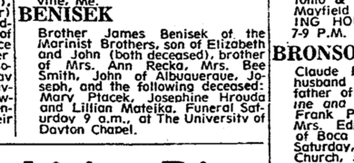 The Benisek death notice in the Plain Dealer, 1971