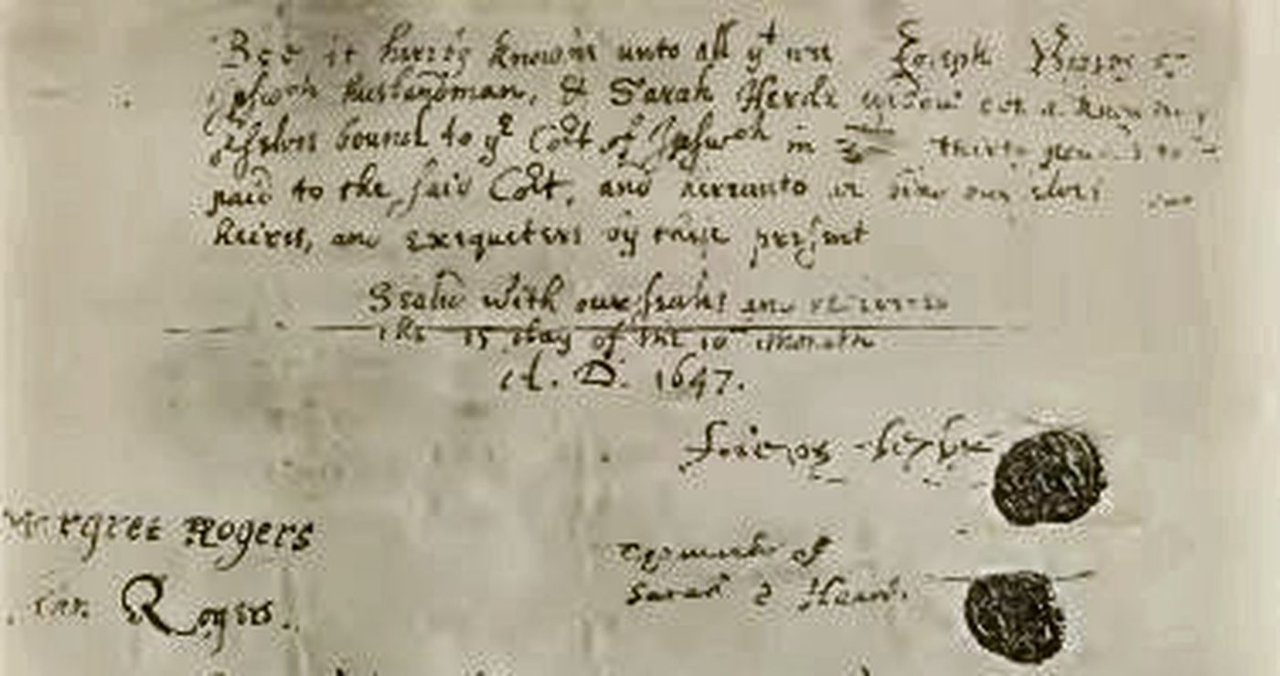 The top of the 1647 bond: names, date, signatures and two wax seals.