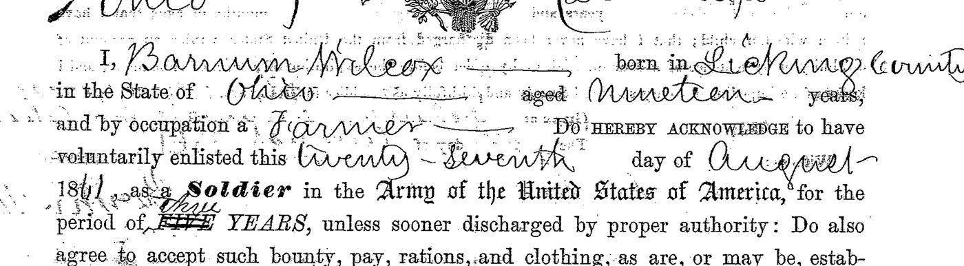 Detail: I, Barnum Wilcox, born in Licking County, Ohio, aged Nineteen years, a Farmer