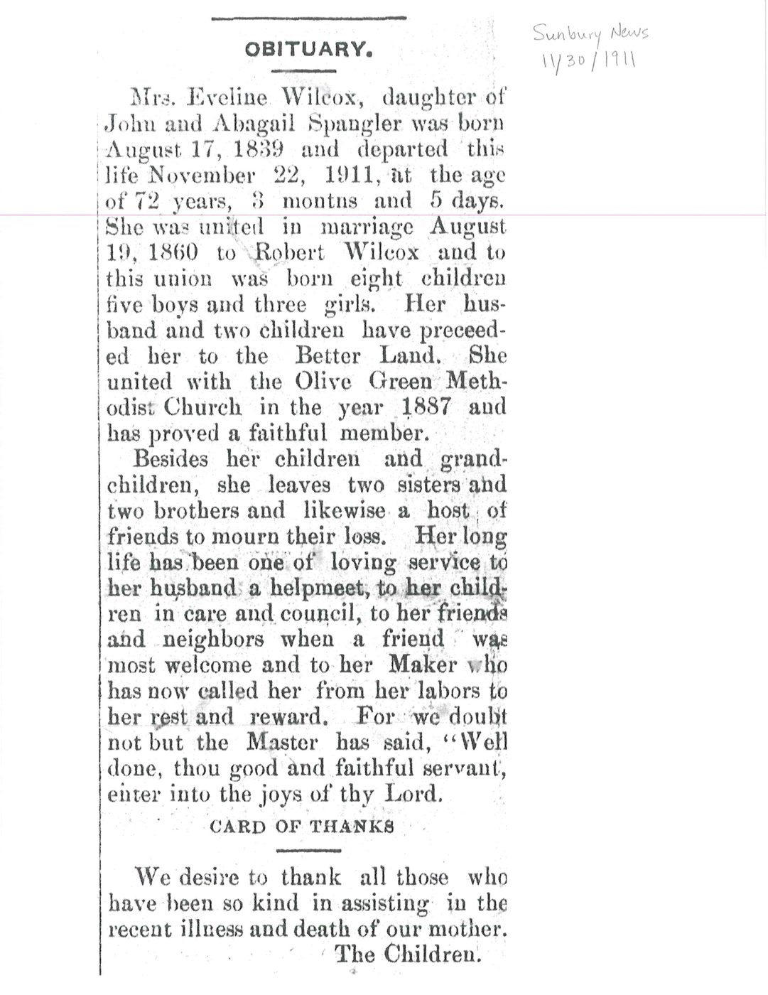 A 1911 obituary clipping from the family archive