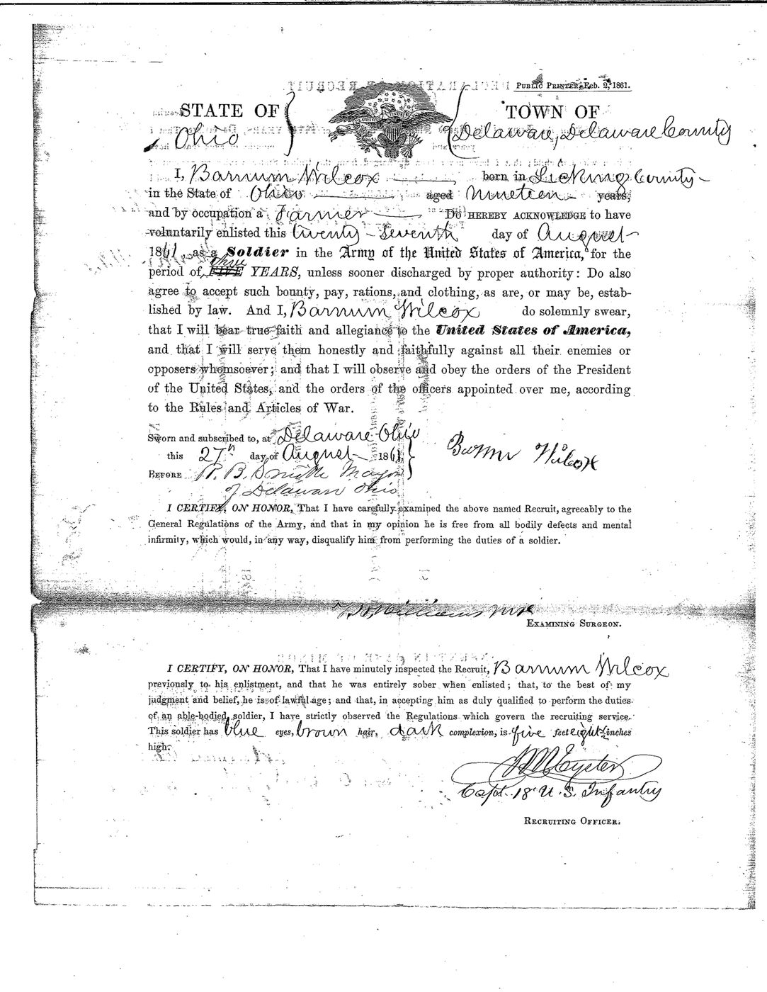 The enlistment paper and oath, August 27, 1861