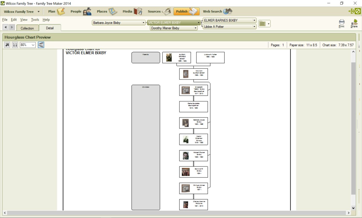 Family Tree Maker chart, Victor Elmer Bixby's ancestors, screenshot