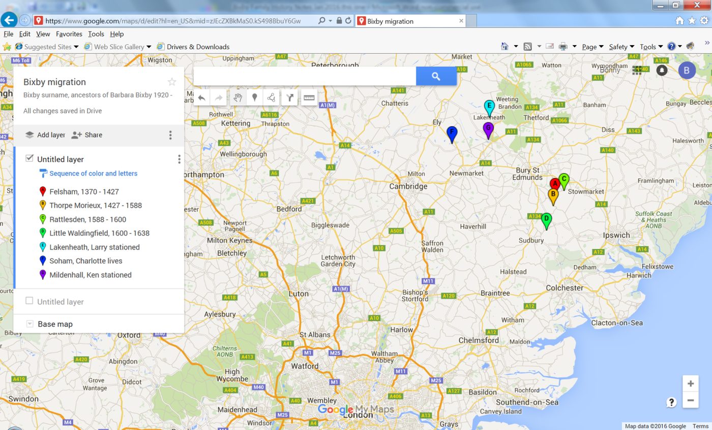 Google map of the Bixby migration through the Suffolk villages
