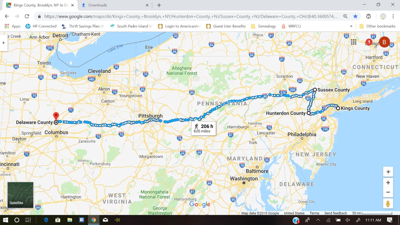 Figure 2 Van Sickle migratory path; 1652 Kings County, NY; 1714 New Jersey; 1816 Delaware County, Ohio · 1880 1762 · Moved to Ohio 1816 · New Jersey · Delaware County, Ohio