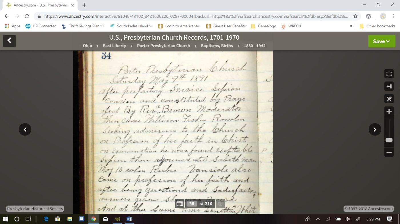 U.S. Presbyterian Church Records page on Ancestry.com, the handwritten record