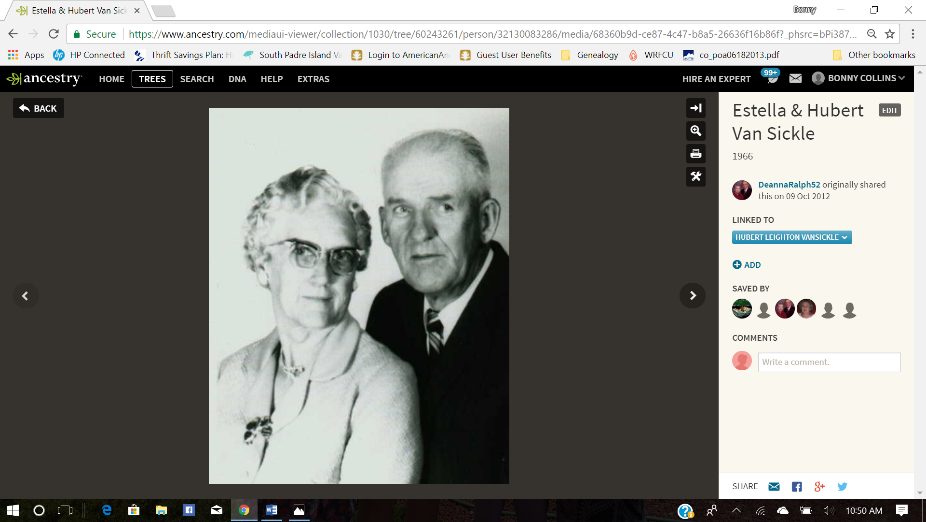 Ancestry.com page for Estella and Hubert Van Sickle, with their portrait