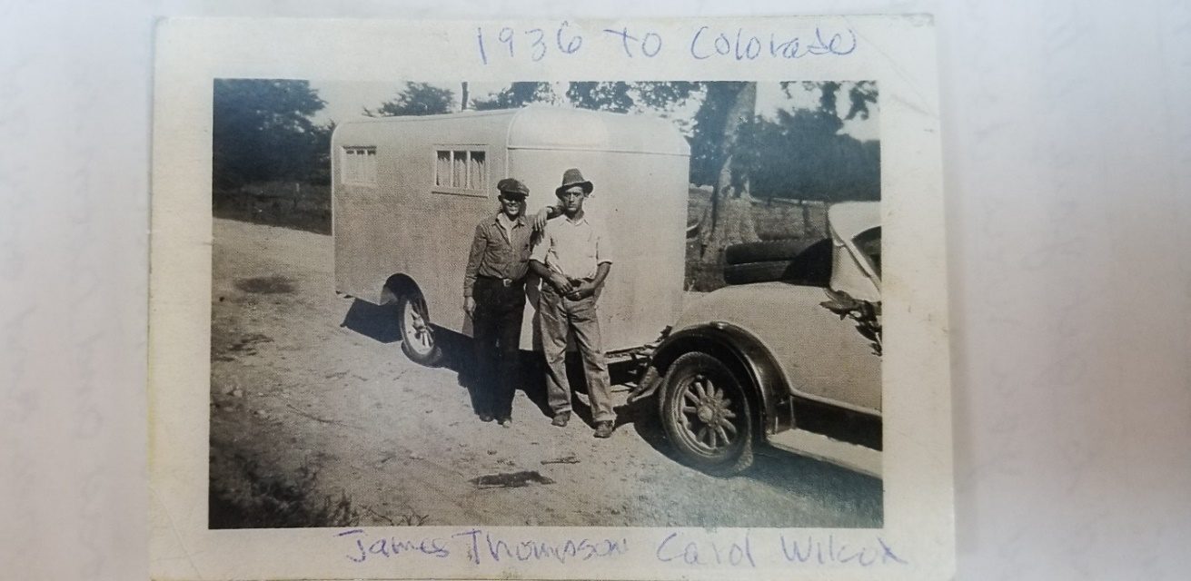 Two men beside a car, snapshot labelled 1936 to Colorado, James Thompson and Carrol Wilcox