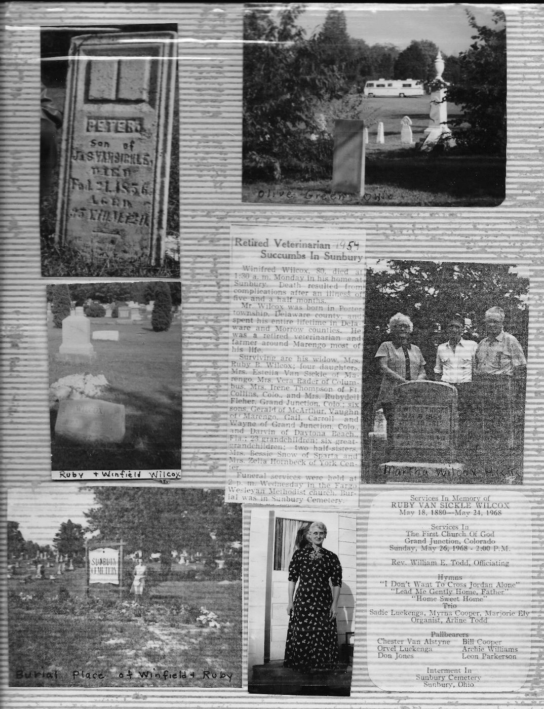 Scrapbook page: Ruby's grave marker, the funeral clippings and photographs