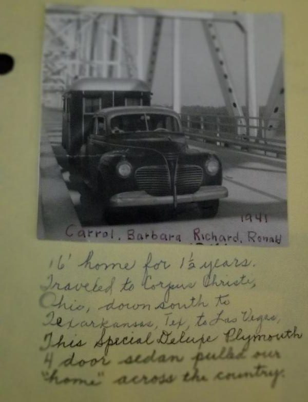 The Wilcox family car and trailer from their 1941 cross-country trip, with Barbara's handwritten note